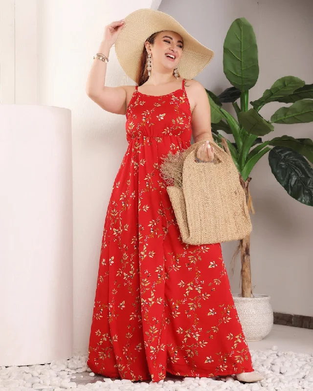 Red & Yellow Leaf Printed Maxi Dress Trendy Maxi Dress with Straps