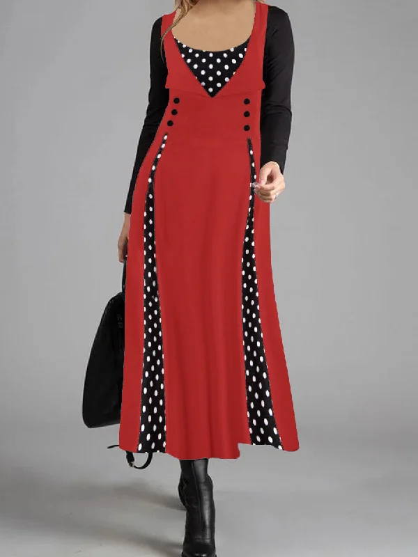 Retro Elegant Polka Dot Long Sleeve Maxi Dress Cozy Maxi Dress with Slit