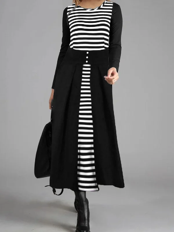 Retro Elegant Striped Long Sleeve Maxi Dress Classic Strapless Maxi Dress