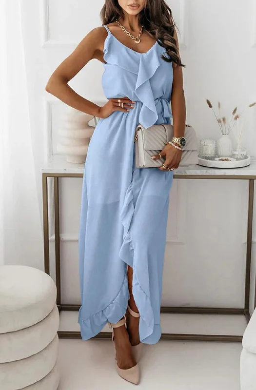 Shanice Frill Chiffon Maxi Dress-Sky Blue Fashionable Button-Down Maxi Dress