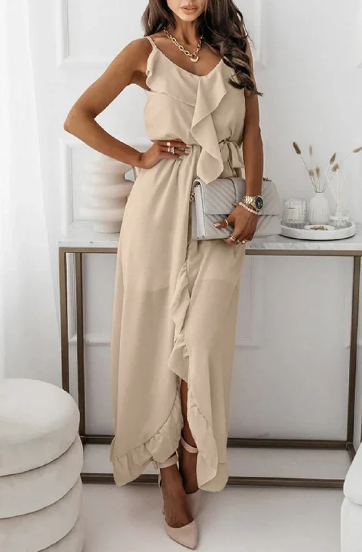 Shanice Frill Chiffon Maxi Dress-Stone Trendy Maxi Dress with Belt