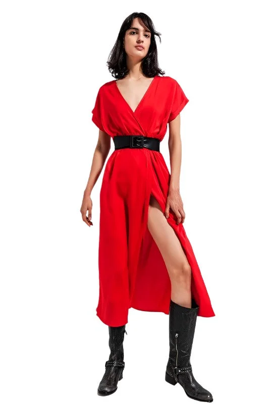 Short Sleeve Satin Maxi Dress In Red Cozy Ribbed Maxi Dress