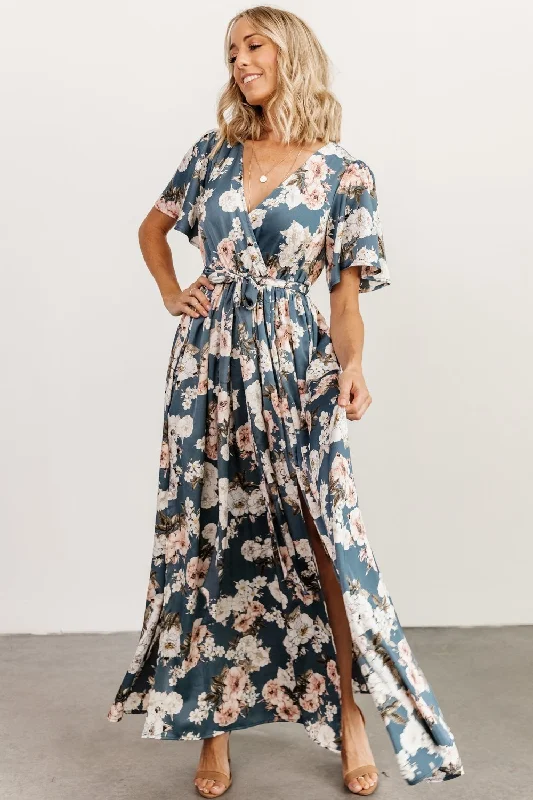 Sicily Satin Maxi Dress | Blue Floral Comfortable Plunging Neckline Maxi Dress