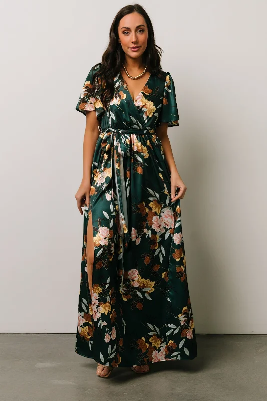 Sicily Satin Maxi Dress | Dark Green Floral Cozy Maxi Dress with Slit