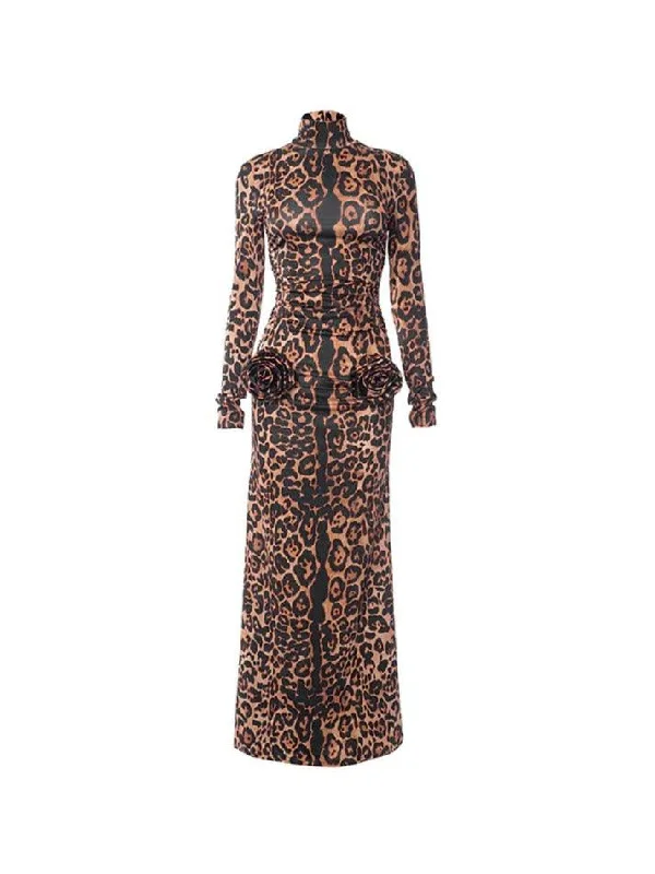 Snake Print Three Dimensional Flower Decor Bodycon Maxi Dress Stylish Empire Waist Maxi Dress