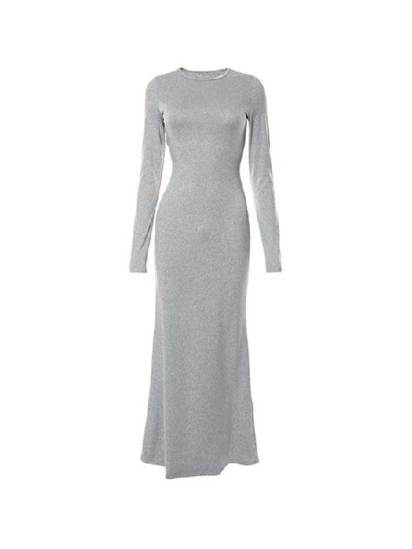 Solid Crew Neck Long Sleeve Mermaid Maxi Dress Stylish A-Line Maxi Dress