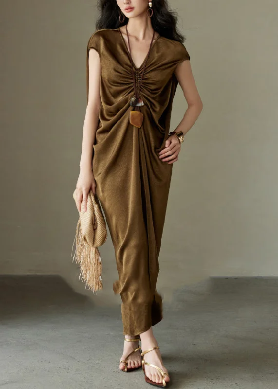 Stylish Brown V Neck Cinched Silk Maxi Dresses Summer Chic Button-Up Maxi Dress