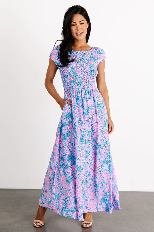 Tabitha Open Back Maxi Dress | Blue + Pink Cozy Spaghetti Strap Maxi Dress