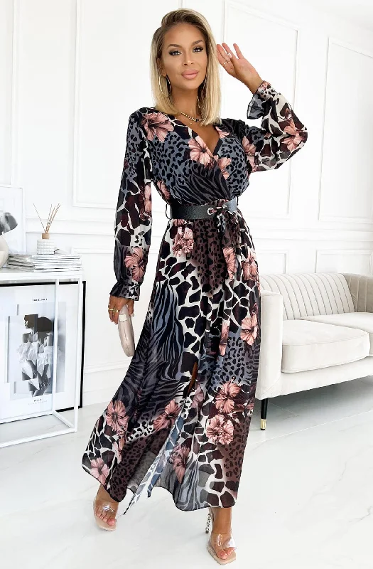 Thandie Animal Print Floral Chiffon Maxi Dress-Purple Fashionable High-Waist Maxi Dress