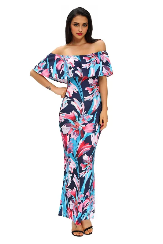 JuliaFashion - 2024 The Flourishing Days Printed Off-the-shoulder Maxi Dress Cozy Longline Maxi Dress