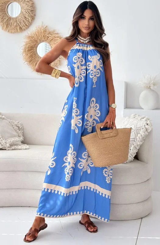 Tina Abstract Patterned Maxi Dress-Blue Fashionable Maxi Dress with Fringe