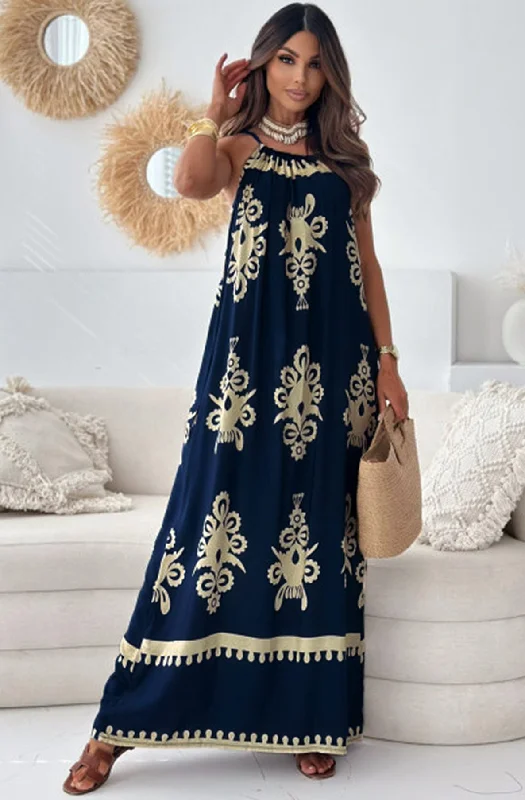 Tina Abstract Patterned Maxi Dress-Navy Comfortable Bohemian Maxi Dress