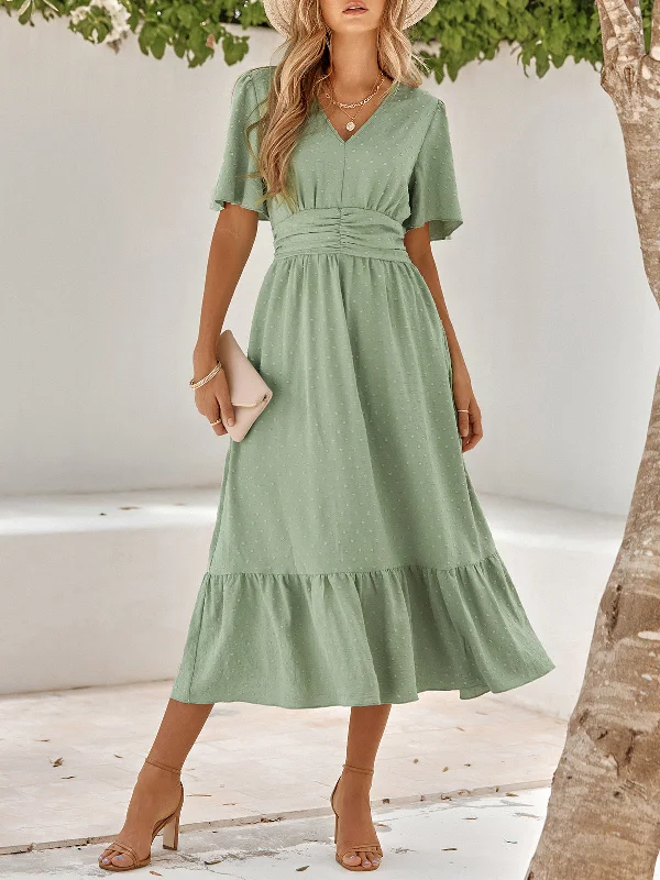 V Neck Ruffle Sleeve Solid Color Maxi Dress Elegant Maxi Dress with Belt