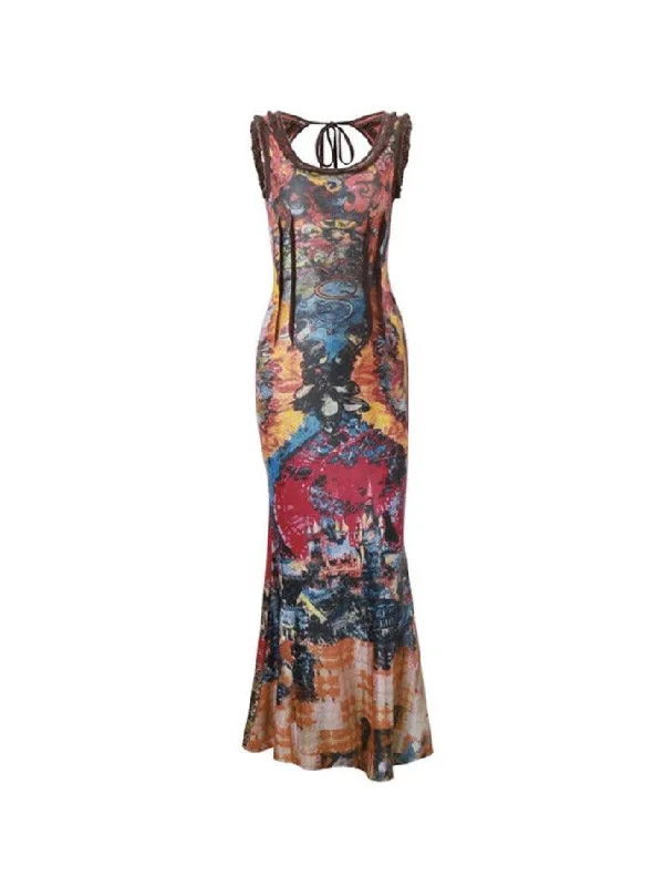 Vintage Random Print U Neck Backless Maxi Dress Trendy Floral Print Maxi Dress