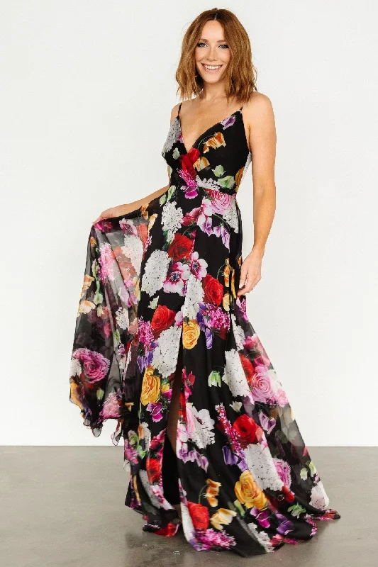 Vivienne Maxi Dress | Black Multi Floral Stylish Maxi Dress with Frills