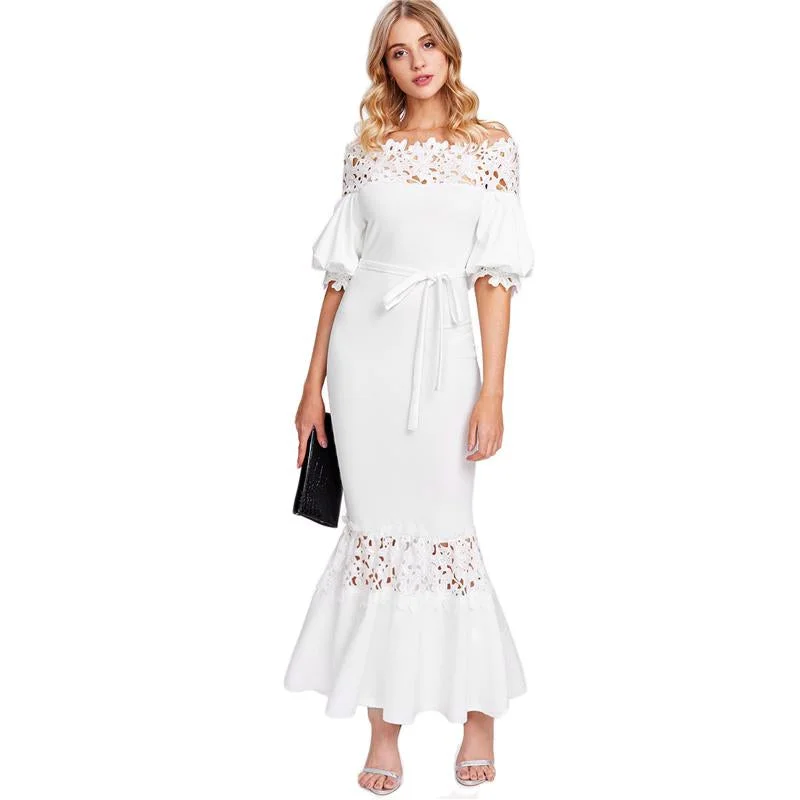 White Lace Off  Shoulder Maxi Dress Stylish Boho Chic Maxi Dress