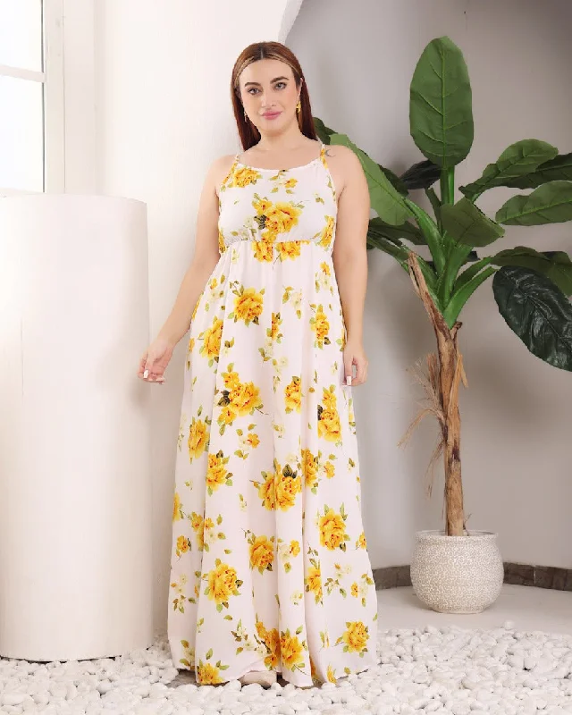 White & Yellow Floral Printed Maxi Dress Elegant Maxi Dress with Ruffles