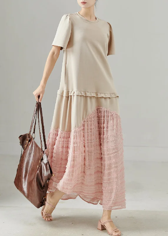 Women Apricot Ruffled Patchwork Cotton Maxi Dress Summer Comfortable Casual Maxi Dress