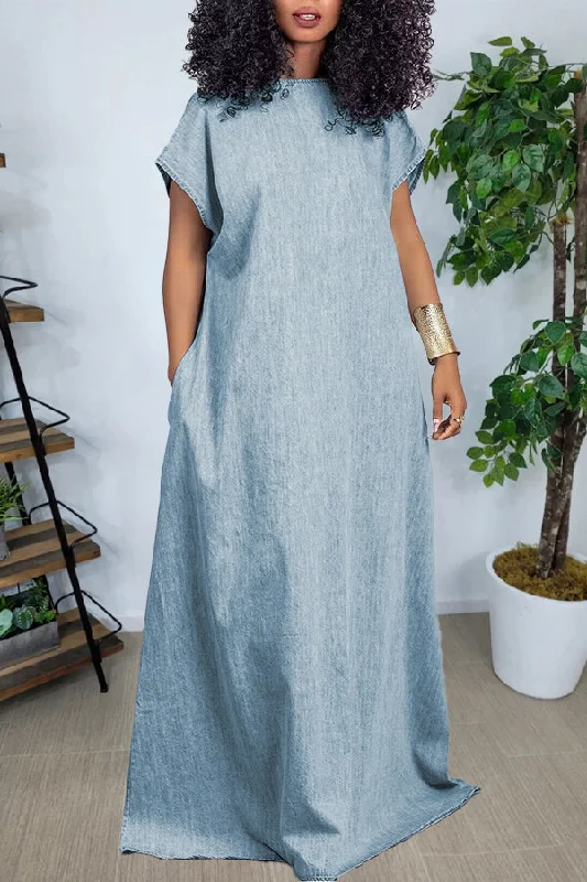 Vintage V-Cut Back Denim Maxi Dress Stylish Maxi Dress with Frills