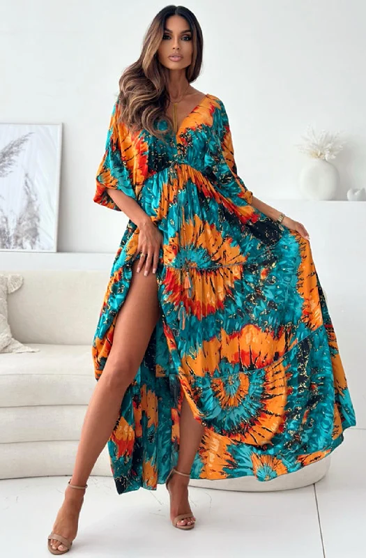 Zendaya Patterned Batwing Maxi Dress-Orange Stylish Button-Up Maxi Dress