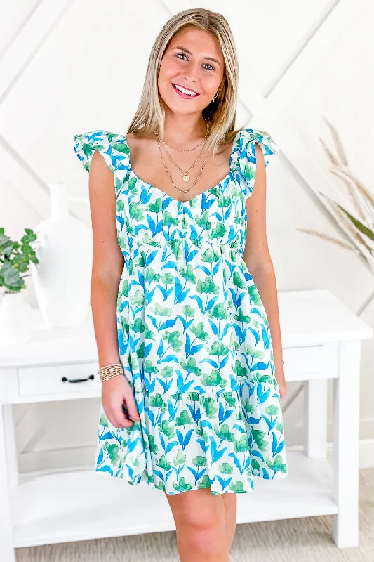 Dreaming Of Spring Floral Mini Dress - Blue/Green Fashionable Button-Front Mini Dress