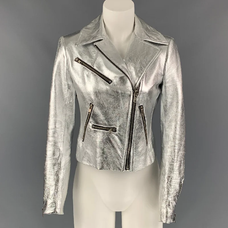 A.L.C. Size S Silver Metallic Leather Biker Jacket Ribbed Jacket Pleated Jacket Ruffled Jacket