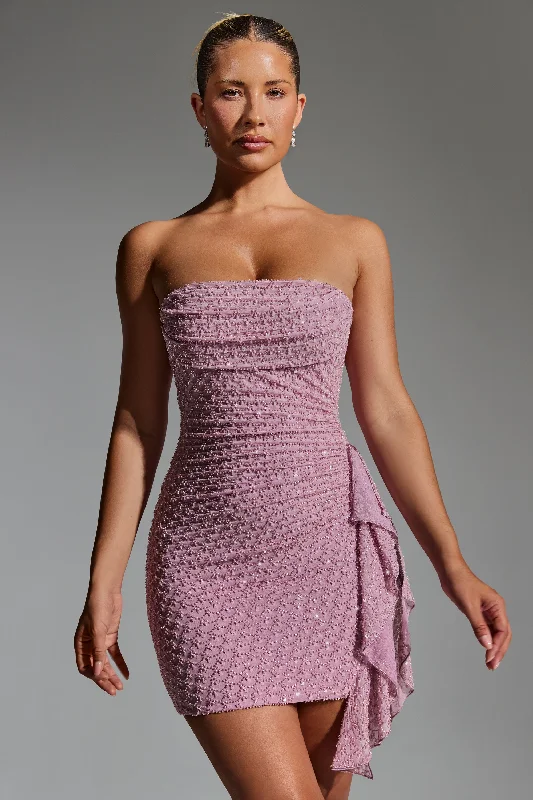 Embellished Ruffled Cowl-Neck Bandeau Mini Dress in Mauve Elegant Sequin Mini Dress