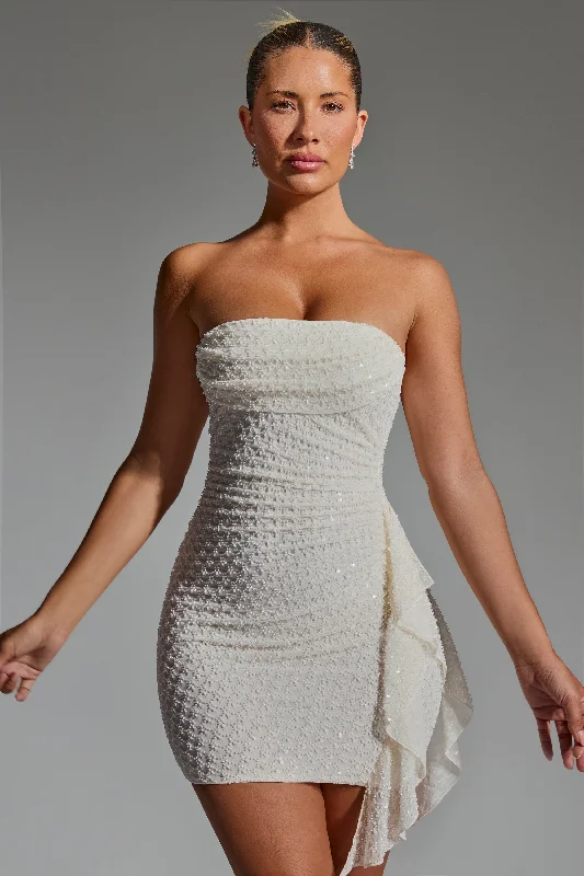 Embellished Ruffled Cowl-Neck Bandeau Mini Dress in White Comfortable Fit-and-Flare Mini Dress