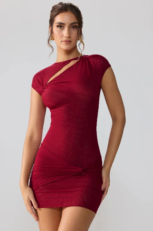 Mesh Cap Sleeve Cut Out Mini Dress in Ruby Elegant Satin Lace Mini Dress