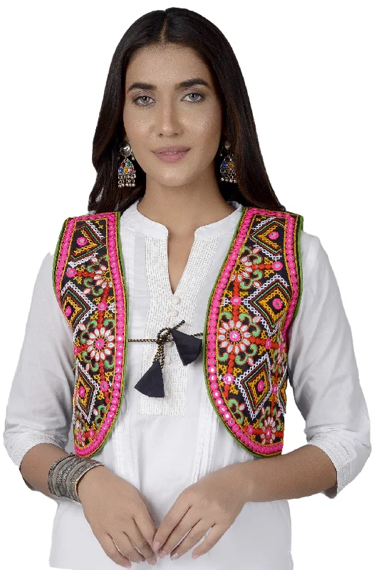 Cotton Kutchi Embroidered Short Jacket/Koti/Shrug (CJK-01) -Black Insulated Jacket Fitted Jacket Loose Jacket