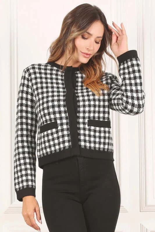 Black Check Knitted Jacket Zip Front Button Front Snap Front