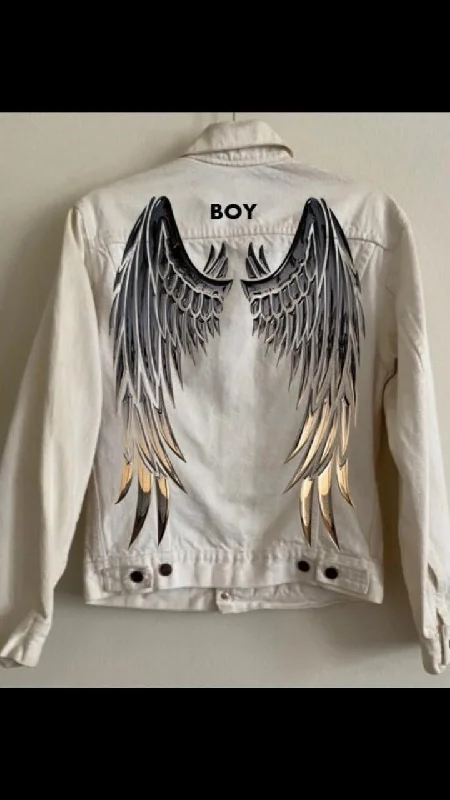 Boy London Custom Designed White Denim Jacket with Metallic finish - Angel Wings Striped Jacket Polka Dot Jacket Floral Jacket