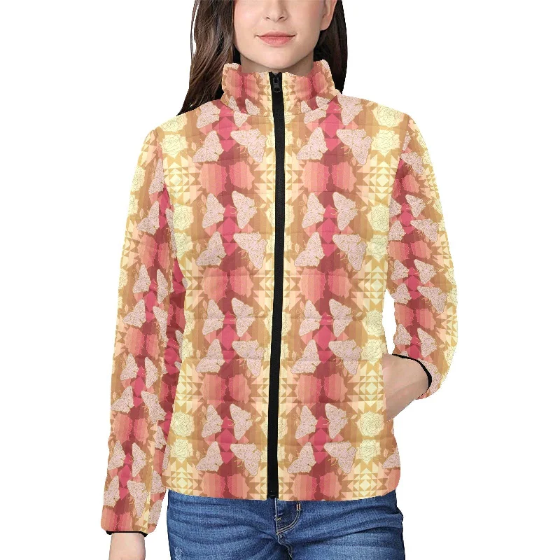 Butterfly and Roses on Geometric Women's Stand Collar Padded Jacket Tiered Jacket Buttoned Jacket Zippered Jacket