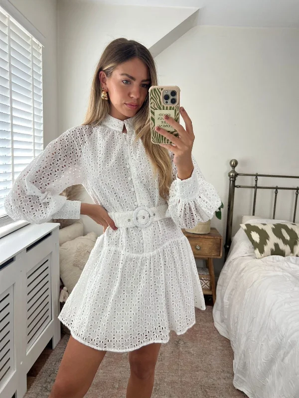 Carmen Broderie Mini Dress in White Chic Puff Sleeve Mini Dress