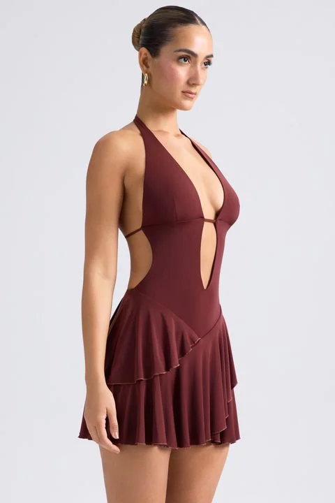 Ruffled Cut-Out Halterneck Mini Dress in Chestnut Brown Stylish Sweetheart Mini Dress