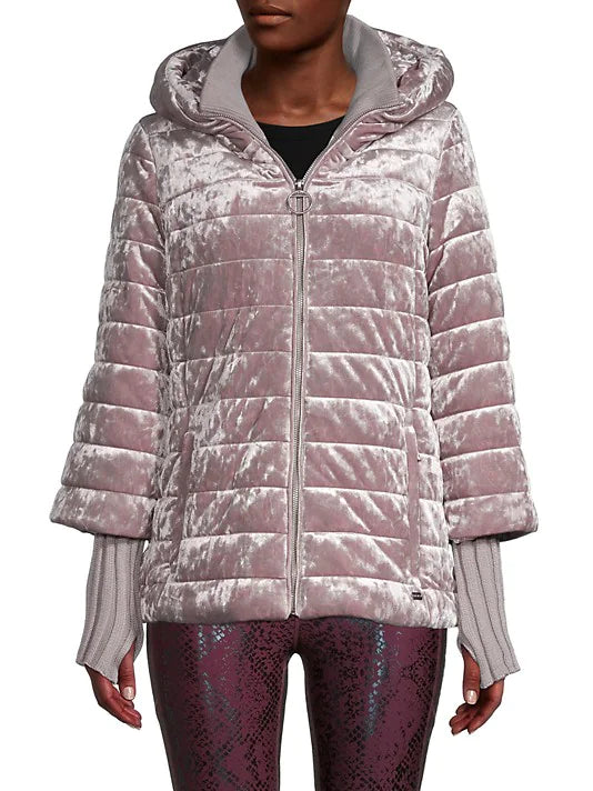 DKNY Sport Crushed Velvet Puffer Jacket - Pink Chenille Jacket Brocade Jacket Lace Jacket