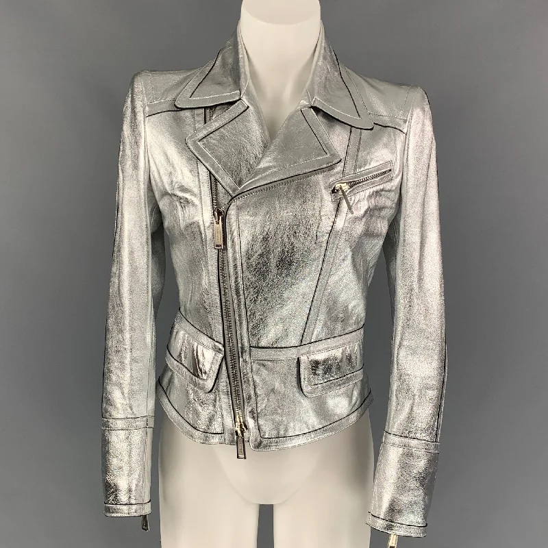 DSQUARED2 Size 6 Silver Leather Black Trim Biker Jacket Cotton Fabric Linen Fabric Terry Fabric