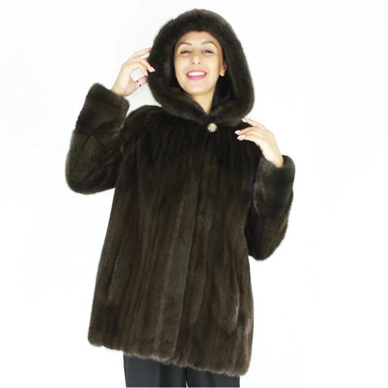 EPSILON Colored Khaki mink jacket with hood Faux Fur Jacket Real Fur Jacket Shearling Jacket