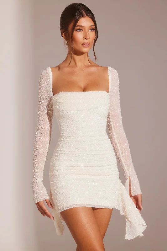 Long Sleeve Embellished Cowl Neck Mini Dress in White Elegant Tulle Mini Dress