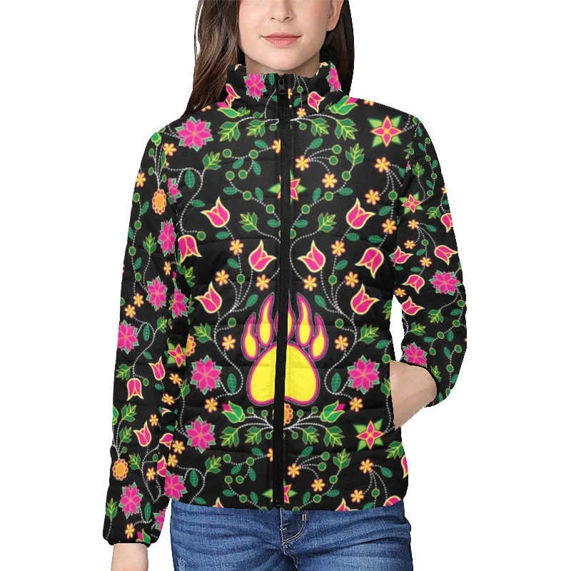 Floral Bearpaw Pink and Yellow Women's Stand Collar Padded Jacket Rayon Fabric Velvet Fabric Corduroy Fabric