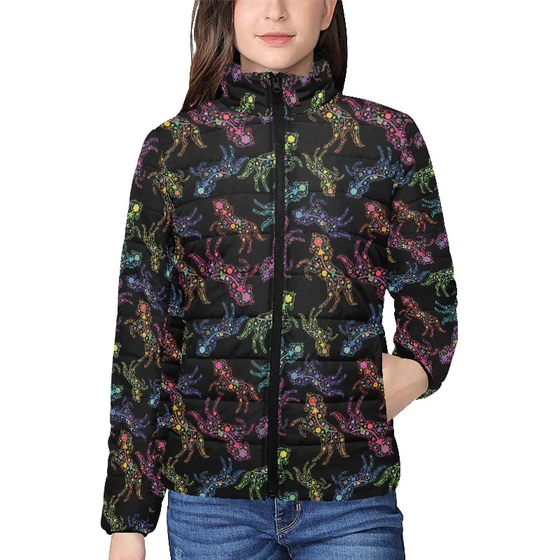 Neon Floral Horses Women's Stand Collar Padded Jacket Denim Jacket Leather Jacket Suede Jacket