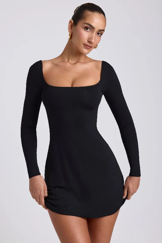 Modal Square Neck Long Sleeve Mini Dress in Black Stylish Ruffle Mini Dress