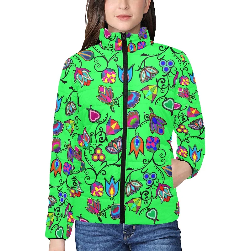 Indigenous Paisley Green Women's Stand Collar Padded Jacket Lace Jacket Ribbed Jacket Sequined Jacket