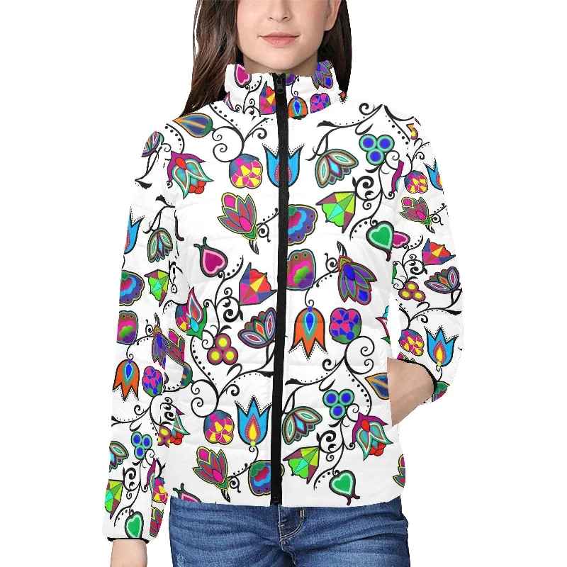 Indigenous Paisley White Women's Stand Collar Padded Jacket Notch Collar Jacket Peter Pan Collar Jacket Cowl Neck Jacket