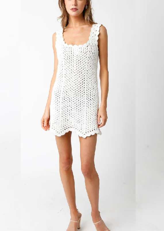 Ivy Crochet Mini Dress- White ***FINAL SALE*** Cozy Cowl Neck Mini Dress