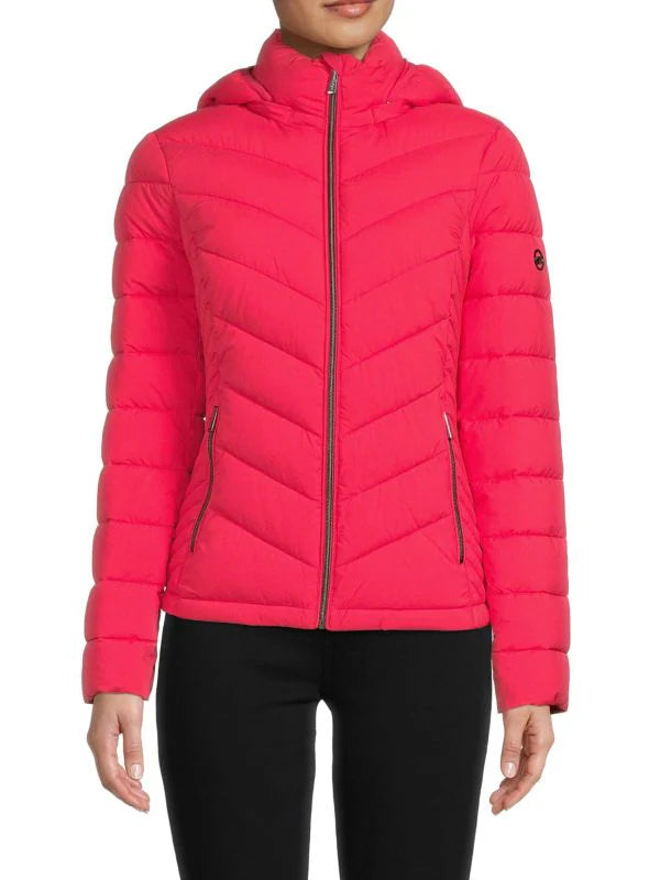 MICHAEL KORS MISSY PUFFER JACKET - GERANIUM Boat Neck Shawl Collar Notched Collar