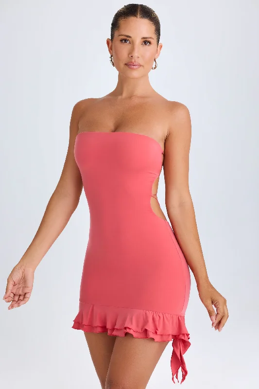 Ruffle-Trim Cut-Out Bandeau Mini Dress in Coral Comfortable Boho Mini Dress