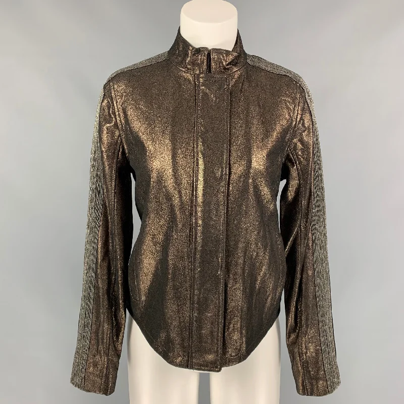 NEIMAN MARCUS The Leather Collection Size S Brown Silver Metallic Leather Jacket Cotton Jacket Linen Jacket Terry Jacket