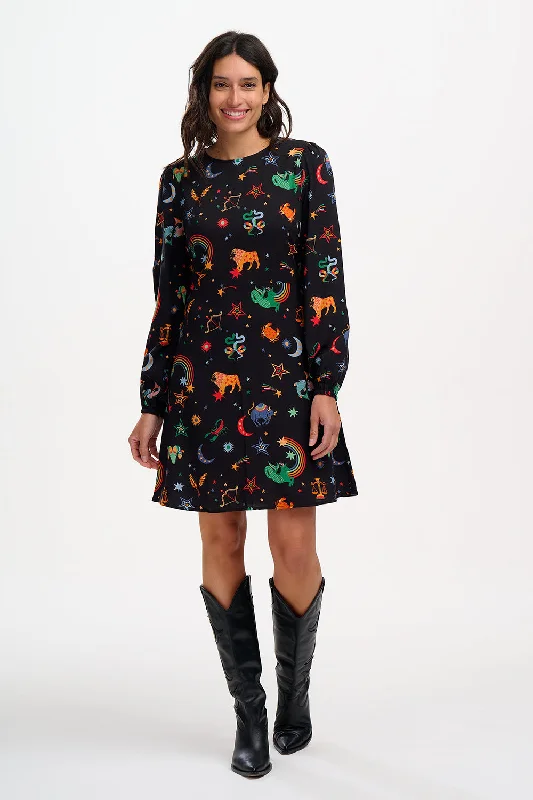 Oksana Mini Dress - Black, Zodiac Rainbow Skies Trendy Mini Dress with Belt