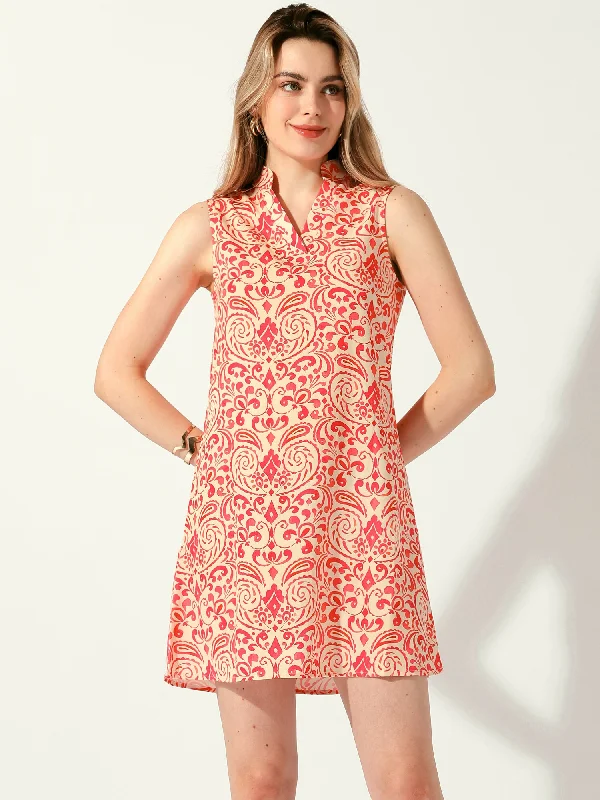 Summer Ethnic Floral Sleeveless Casual A Line Mini Dress Fashionable Lace-Trim Mini Dress